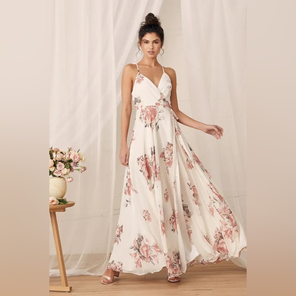 Elegantly Inclined Cream Floral Print Wrap Maxi Dress from Lulu’s
